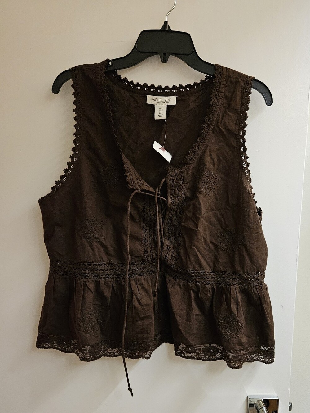 NWT Rachel Zoe Brown Embroidered Peplum Top Lace Trim Tie Front Sleeveless, L